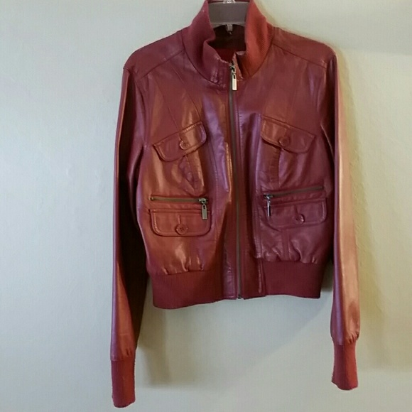 guess red leather jacket womens